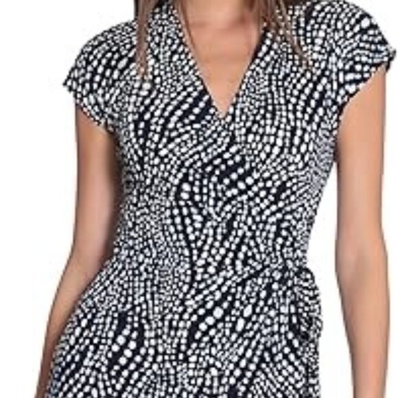 Maggy London Navy Blue Polka Dot Spandex Blend Wrap Dress Size 6 - Picture 1 of 14